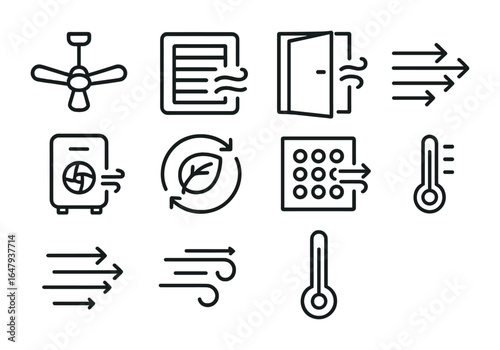 Indoor Air Circulation Icons. Outline icon set of indoor air circulation: ceiling fan, wall vent, open door,