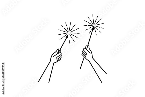 Hands holding sparklers with sparks on white background in simple line art style silhouette