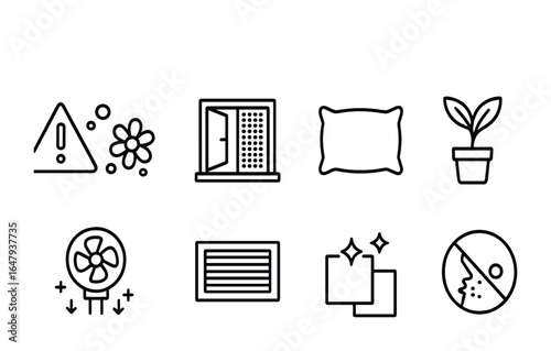 Allergy-Friendly Icon Set. Outline icon set of allergy-friendly living: pollen alert, open window with screen,