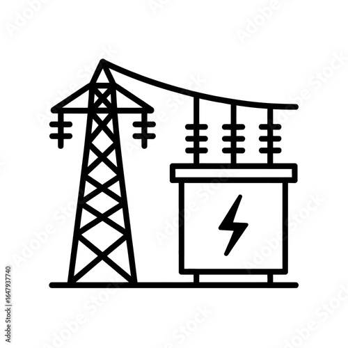 Illustration of electrical power transmission tower and transformer icon in line art design style