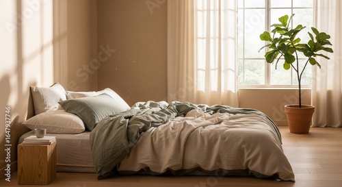 Serene Bedroom: Natural Light, Linen Bedding, and Fiddle Leaf Fig