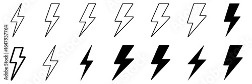 Vector lightning bolt icons in black and white for web design and graphic projects illustration