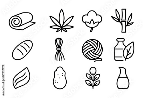 Organic Textiles Icons. Outline icon set of natural and organic textiles: linen roll, hemp leaf, cotton plant,