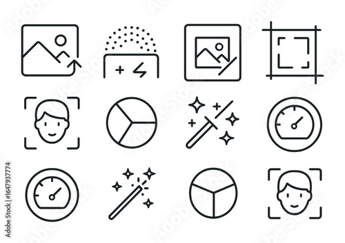 AI Tool Icons. Outline icon set of AI image enhancement tools: photo upscale, noise reduction, sharpen icon,
