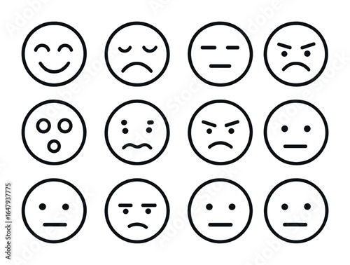 Facial Expressions Icons Grid. Outline icon set of facial expressions and moods: happy face, sad face, calm