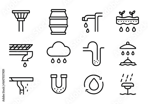 Rainwater Management Icons. Outline icon set of rainwater management on green roofs: rooftop drain, water
