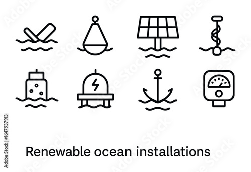 Renewable Ocean Icons. Outline icon set of renewable ocean installations: wave converter, buoy marker,
