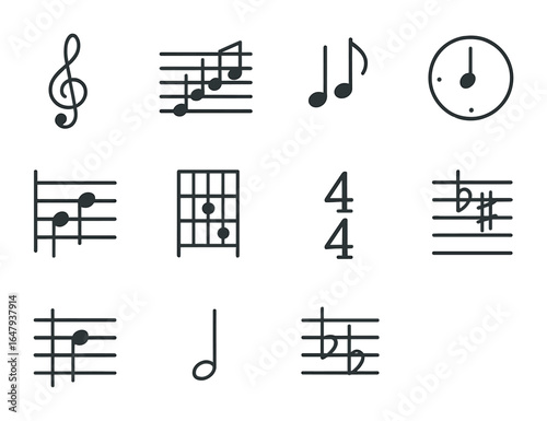 Music Theory Icons. Outline icon set of music theory essentials: treble clef, note scale, harmony symbol,