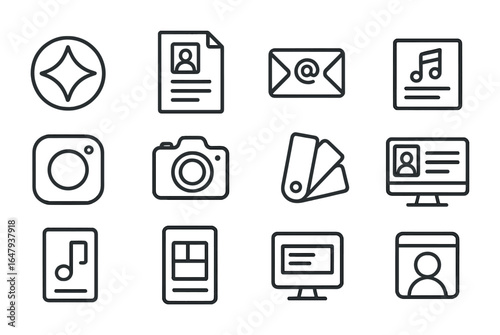 Music Branding Icons. Outline icon set of professional music branding: artist logo, press kit, media contact,