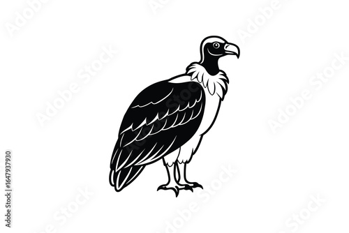 A black and white illustration of a vulture standing on a plain background silhouette