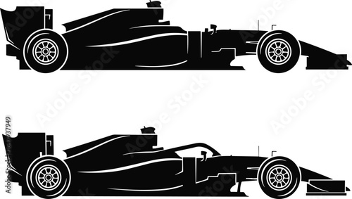 Formula 1 car silhouettes, old vs new model, halo safety device comparison, side profile view, black vector illustration, motorsport evolution