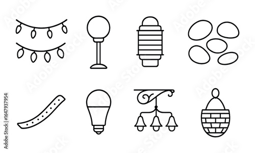 Decorative Lighting Icons. Outline icon set of decorative yard lighting: fairy lights, garden globe lamp, LED