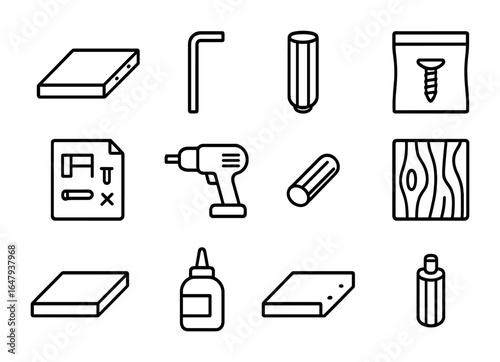 Furniture Assembly Icons. Outline icon set of wooden furniture assembly: shelf board, Allen key, dowel pin,