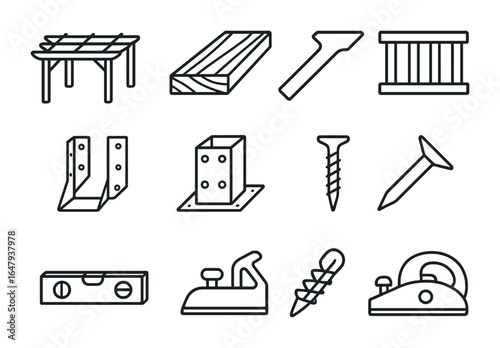Wood Structure Icon Set. Outline icon set of outdoor wood structures: pergola frame, deck board, wood railing,