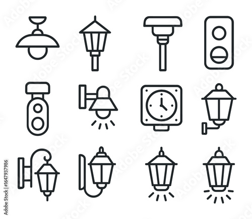 Entrance Light Icon Set. Outline icon set of entrance and driveway lights: overhead porch lamp, driveway post