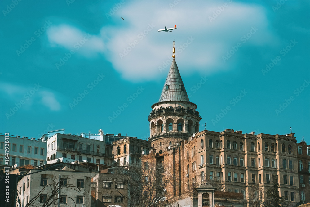 Fototapeta premium Galata Tower in Istanbul, Turkey, with airplane passing overhead, highlighting historic architecture and vibrant cityscape.