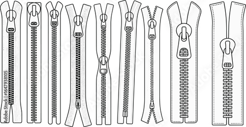 Zipper styles flat vector illustration, mix of closed, open, and partially unzipped designs, varied teeth patterns and slider types, technical fastener sketch set