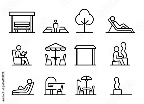 Urban Relaxation Icons. Outline icon set of urban relaxation spots: shaded bench, open plaza, park tree,
