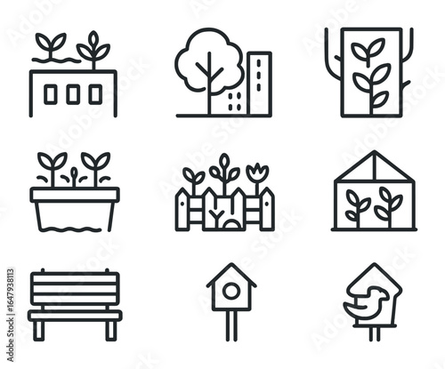 Urban Green Space Icons. Outline icon set of urban green spaces: rooftop garden, city tree, green wall,