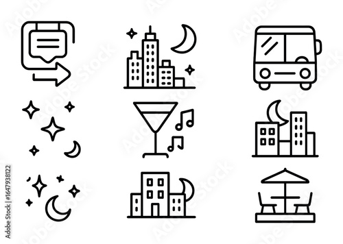 Night City Icons. Outline icon set of night city life: neon sign, city skyline at night, lit window, night bus
