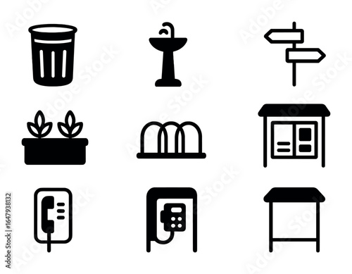 Plaza Accessories Icons. Outline icon set of plaza accessories: waste bin, drinking fountain, street sign,