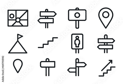 Urban Wayfinding Icons. Outline icon set of urban wayfinding: plaza map, direction arrows, point of interest
