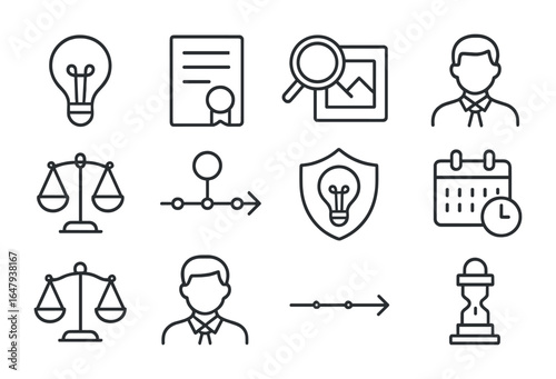 Patent Law Icons. Outline icon set of patent law concepts: invention bulb, patent claim document, prior art