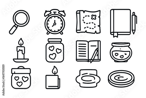 Reflective Tools Icons. Outline icon set of reminiscing and reflection tools: magnifying glass, vintage clock,