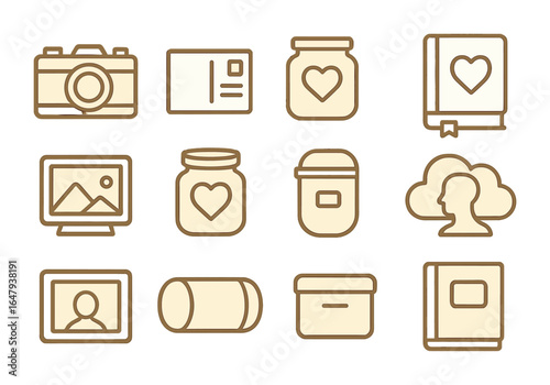 Nostalgia Icon Set. Outline icon set of nostalgia and memories: vintage camera, postcard, keepsake jar, diary