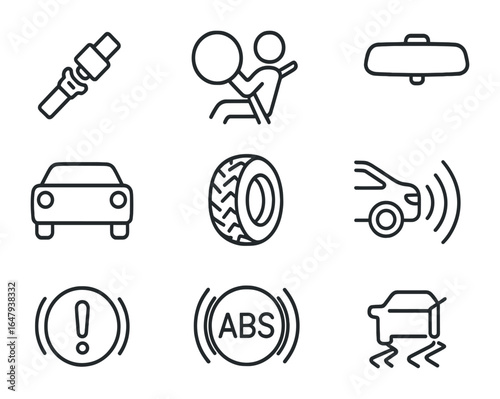 Vehicle Safety Icons. Outline icon set of vehicle safety features: seatbelt, airbags, rearview mirror, brake