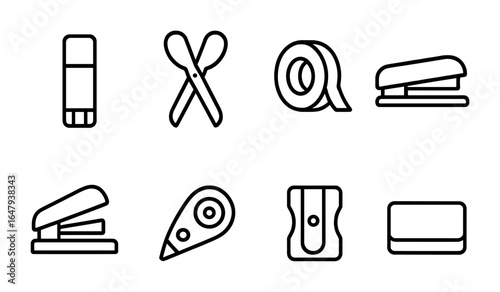 School Stationery Icons. Outline icon set of school stationery kit: glue stick, scissors, colored tape,