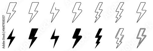 Lightning bolt icons in various styles and thickness for design inspiration and vector illustration