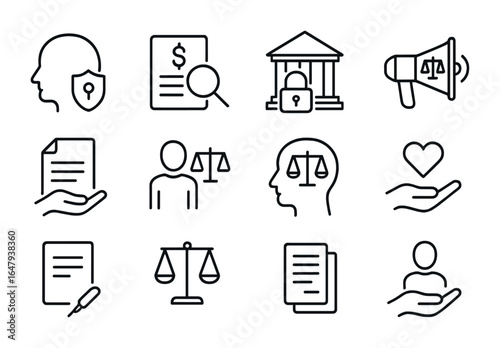 Law Office Ethics Icons. Outline icon set of law office ethics: client confidentiality, billing transparency,