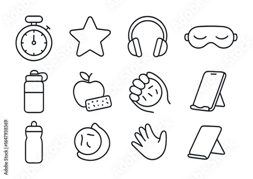 Student Focus Tools Icons. Outline icon set of student focus tools: timer, motivational sticker, headphones,