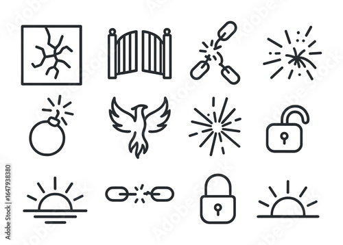 Breaking Barriers Icons. Outline icon set of breaking barriers: cracked wall, open gate, breaking chain,