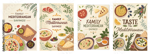 Colorful illustrations promoting Mediterranean cuisine with vibrant food imagery and savings announcements.