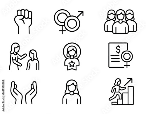 Women Empowerment Icons. Outline icon set of women empowerment: raised fist, gender equality symbol, group of