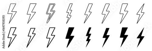 Lightning bolt icons in various styles and thickness for design inspiration and vector illustration