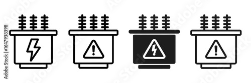 Electrical transformer icons in vector style with caution signs and lightning bolt symbols shown