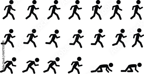 Silhouette sequence of person transitioning from running to crawling, human motion stages, vector illustration for sports, fitness, movement, and animation design