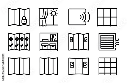 Room Divider Icons. Outline icon set of room divider functions: privacy, light filtration, sound absorption,