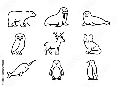 Arctic Animal Icons. Outline icon set of arctic animals: polar bear, walrus, seal, snowy owl, reindeer, arctic