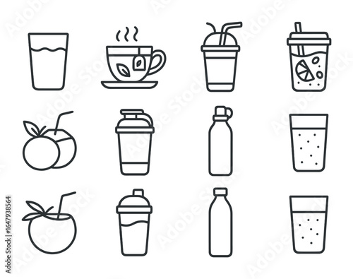 Hydration Icon Set. Outline icon set of hydration and beverages: water glass, herbal tea, smoothie, infused
