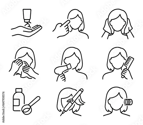 Hair Care Icon Set. Outline icon set of usage and application: hand with gel, finger applying mousse, towel
