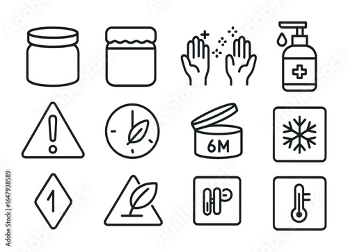 Safety and Hygiene Icons. Outline icon set of safety and hygiene: sealed cap, tamper-proof label, clean hands,