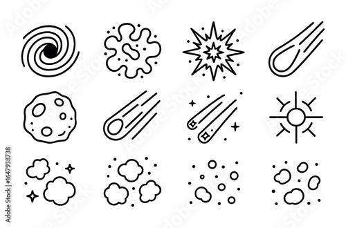 Cosmic Phenomena Icons. Outline icon set of cosmic phenomena: black hole, nebula, supernova, comet, asteroid,
