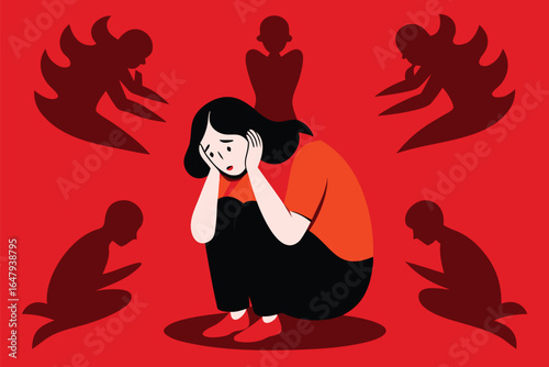 Person distressed surrounded by shadowy figures woman, person, woman, distressed, scared, afraid, anxiety, depression, mental health, emotional, psychological, fear, isolation, loneliness, stress, pre