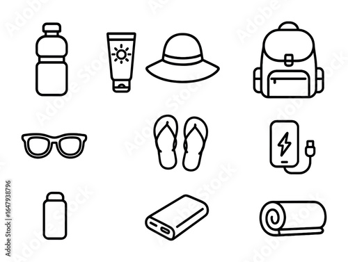 Festival Essentials Icons. Outline icon set of festival essentials: water bottle, sunscreen, hat, backpack,