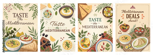 Colorful Mediterranean food illustrations showcasing delicious dishes and fresh ingredients.