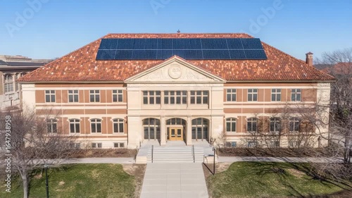 Modern Academic Building with Solar Panels on Rooftop